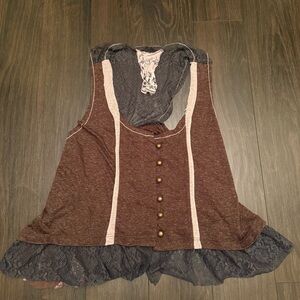 Anthropologie Scrapbook Originals Vintage Brown and Gray Lace Trim Blouse